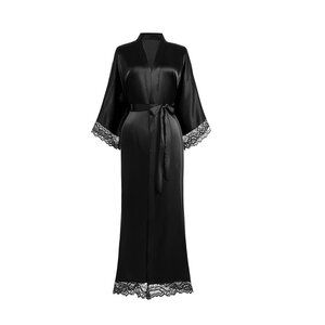 NEW Black Silky Long Lightweight Satin Sash Closure Kimono Robe with Lace Trim